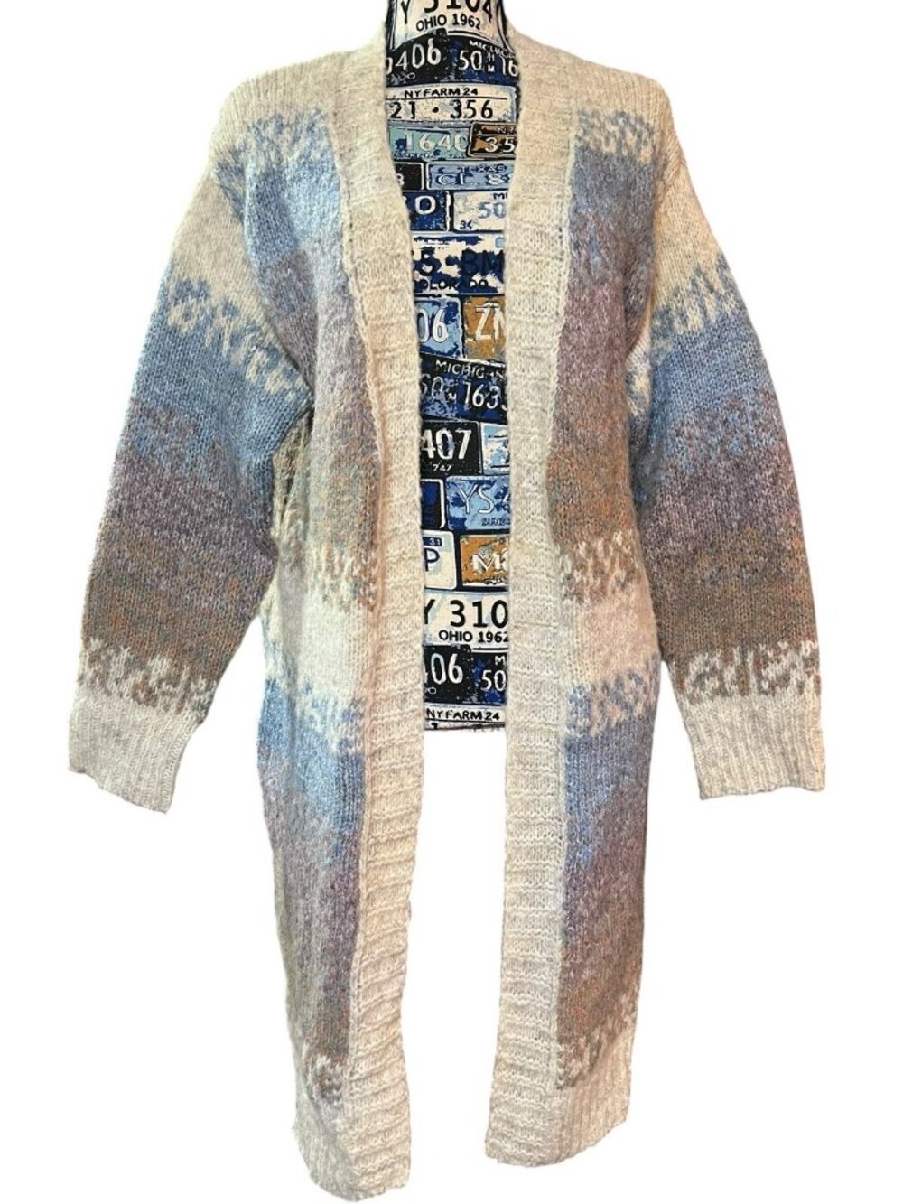 Fate Color Fade Blue Purple Orange Cream Long Warm Granny Core Cardigan Sz XS